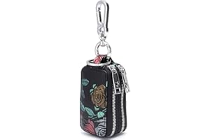 Aileder Key Case Holder Genuine Leather Car Keyring Key Pouch Hand Painted Flowers Keychain Wallet for Women Ladies Double Zipper Keyring Purse