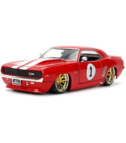 Jada Toys Fast & Furious 's 1969 Dodge Charger Daytona, car, tuning model in scale 1:24, with spoiler, door opening bonnet and trunk, freewheel, red metallic