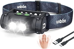 UNBON Torcia Frontale LED Ricaricabile, Lampada Frontale LED Ricaricabile USB C Potente con 3 Modalità, Sensore di Movimento e Base Magnetica, IPX4 Impermeabile Luce Torcia da Testa per Trekking Pesca
