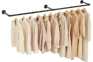 Yawinhe Industrial Pipe Clothes Rack, 180cm Wall Mounted Hanger Rod, Heavy Duty Detachable Wardrobe Rail, Space Saving, with 3 Bases, Rail for Closet, Black, 1 Pack