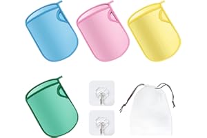 PFLYPF 4 guantes de baño súper suaves y exfoliantes, con ganchos y bolsas de almacenamiento, guantes de esponja de baño, guantes de baño sin dolor, adecuados para adultos y niños