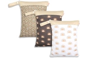 Treer 3 Stück Wetbag Kindergarten, Stoffwindeln Nasstaschen Baby Wetbag Wasserdicht Waschbar Kleinkind Windeln Organizer Beutel mit Reißverschluss (Braune Sonne,30x40cm)