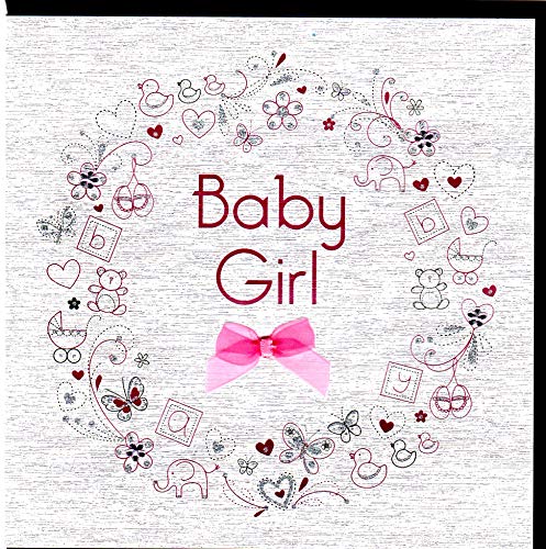 Koko Designs - Biglietto di auguri per compleanno"Baby Girl", design elegante con fiocco, glitter, pellicola e cristalli KE026