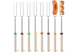 BAIEYE 8 Pcs Brochettes pour Barbecue Aciers Inoxydables,Extensible Pic a Brochette,Longueur Maximale 81 cm,Réutilisable Brochette de Guimauve,pour BBQ,Camping,Feux de Joie
