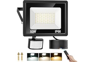 COTLEDL 50W Security Lights Outdoor Motion Sensor, 4500LM PIR Sensor Security Light Dimmable 3000K 4000K 6500K, IP66 Waterproof LED Floodlights Outside Light with Remote Control for Garden Backyard Garage