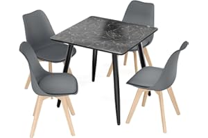 URBNLIVING 80cm Ceramic Square Dining Table with 4 Chairs - Modern Compact Kitchen & Dining Room Set with Sintered Stone Top, Ergonomic Seating & Stylish Wood Effect Legs