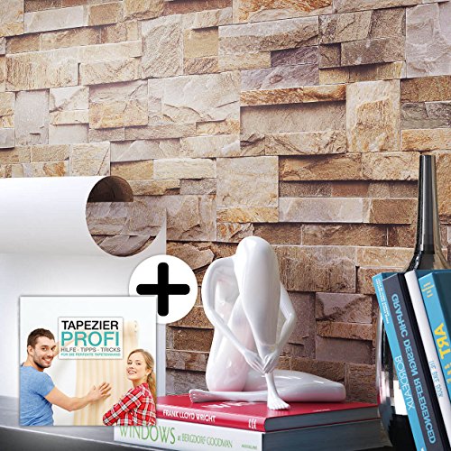 Steintapete Vliestapete Braun Rot Edel , schöne edle Tapete im Steinmauer Design , moderne 3D Optik für Wohnzimmer, Schlafzimmer oder Küche inkl.Newroom Tapezier Profibroschüre mit Tipps für perfekte Wände