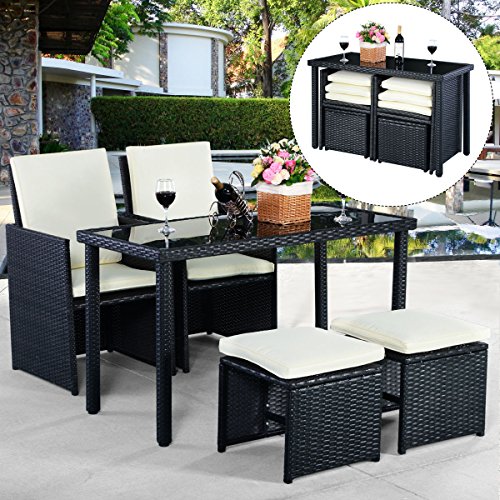 5tlg Gartenmöbel Polyrattan Lounge Set Esstisch Set Rattanmöbel Gartensitzgruppe Essgruppe Gartengarnitur Gartenset Tisch Stühlen Hocker Garnitur inkl. Kissen