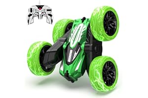 BEZGAR LED Remote Control Cars - 2.4GHz Double Sided Stunt Car, 360° Flips Rotating 4WD RC Car, Indoor & Outdoor Fun Rechargeable Toy Gifts for Boys Kids Girls, TD203MINI Green