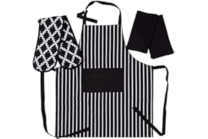 Penguin Home Apron, Double Oven Glove and 2 Kitchen Tea Towels Set -100% Soft, Durable, Heat Resistant & Super Absorbent, Cotton - Black/White, (70 X 90 8 X 90 45X 65 cm)
