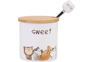 Chase Chic Zuccheriera in Ceramica con Coperchio in Legno e Cucchiaio in Acciaio Inox, Zuccheriera Gatto in Porcellana per Cucina da 9oz/266 ml, Miglior Regalo per gli Amanti dei Gatti