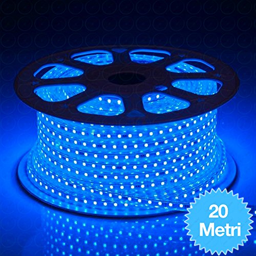 081 Store - STRISCIA LED 220V BLU 20 METRI STRIP LED ESTERNO ED INTERNO FLESSIBILE STRIP LED SMD 5050 BOBINA LED DA ESTERNO LUCE LED DA INTERNO STRISCIA LED + SPINA 220V