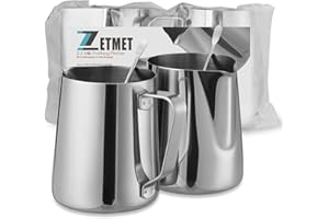 ZETMET 2pack 350ml/12oz milk jug for coffee machine, stainless steel coffee milk jug, milk frother jug, milk pitcher, with scale marks, equipped with latte art needles, used for dairy products，artistic coffe