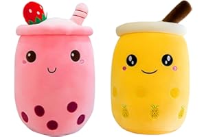 SPIRTUDE 2Pcs Boba Plush Strawberry Plushie Stuffed Bubble Tea Plushies Milk Tea Cup Shaped Hugging Cushion, Gift for Girlfriend Adult 24cm