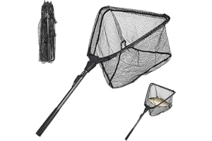 LOMUG håv fiske 90 cm vikbar teleskopfiskehåv med halkfritt handtag, förstärkt aluminiumram, gummerat fisknät, teleskophåv fö