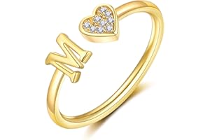 FUNEIA Herz Ring mit Buchstaben Damen Frauen Gold Silber Rosegold Verstellbarer Initiale A-Z Zirkonia Fingerring Stapelring Wasserfest Buchstabering Schmuck Mädchen Geschenkbox