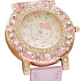 Unbekannt Kiss Me! Topmodel Hello Kitty Mädchen Kinder Armbanduhr Kids Analog Quarz Funkelnde Strassperlen Rosa Lederarmband Durchmesser 4cm Gehäuse 0,8cm Länge 24cm