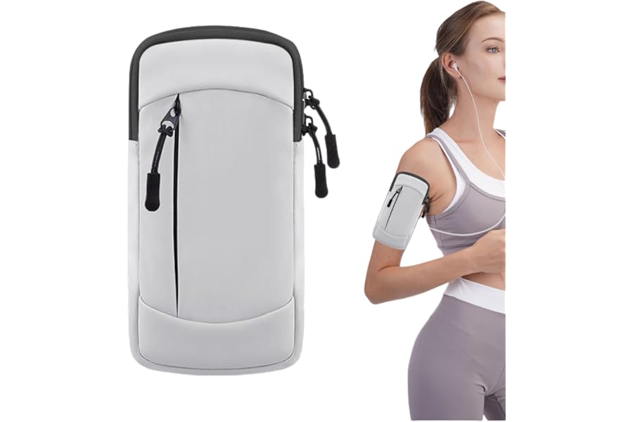 Running Armband, Phone Holder with Zipper Pockets, Adjustable Universal Band for Phones up to 7in Fitness Workout Accessories for Men & Women（Gray）