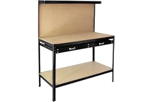 MONSTER RACKING T-Mech - Banco da Lavoro a 3 Livelli con Piano da 120x60cm Ultra Resistente e Pannello Parete Forata Porta Attrezzi Utensili e 40 Ganci universali GRATIS + 2 Mensole e Cassetto - Nero