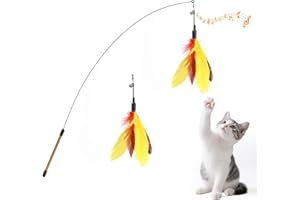 Pawaboo Plumeau de Jeu pour Chat, Canne à Pêche avec Une Baguette Extra Large de 88cm et Une Petite Clochette, Jouet Plumeau pour Chat Chaton, Bâton Jouet Fil Chaser, Jaune + Rouge Brun