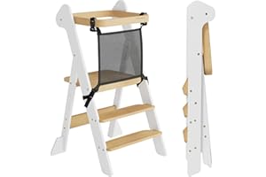 COSYLAND Torre de Aprendizaje Montessori de Madera Plegable Desde 1 Año – Ganadora del Premio iF Design, con Red de Seguridad y Altura Ajustable, Ideal para Cocina y Baño (Blanco y Natural)