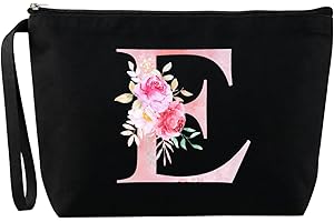 Blisswave Pochette Personalizzata dalla A alla Z, Regali per Donna, Mamme e Amica, Regali di Natale e Compleanno, Elegante e Carina Beauty Case da Viaggio con Iniziale Nome Floreale Rosa (Nero)