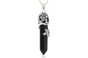 DIVANI Vintage Crystals Necklace - Flower Wrapped Black Obsidian - Quatz Gemstone Reiki Healing Crystal Stainless Steel Pendant Necklace Jewelry