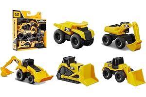 Caterpillar- Pack de 5 Mini Machines 8 cm Véhicule de Chantier Plastique, 82150, Jaune