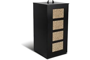 VOUNOT® Porta Pellet da Interno in Metallo con Ruote da 45 kg, Contenitore Pellet con Setaccio Rimovibile e 4 Indicatori Trasparenti di Livello, Scatola per Stufa a Pellet, 36×36×76 cm, Nero