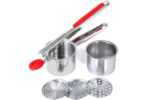 Rorence Presse-purée à pommes de terre en acier inoxydable avec 3 disques interchangeables et tasse intérieure et poignées en silicone - Rouge