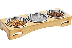 Cinnani Ciotole per Gatti Rialzate, Set di 3 Ciotole per Cani, Ciotola per Gatti con Supporto in Bambù, Porta Ciotole per Gatto e Cane di Piccola, 3 Ciotola per Cani in Acciaio Inox per Cibo e Acqua
