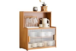 SINBINTA Bambus-Küchen-Sideboard, Küchenschrank mit 2 Glasschiebetüren, freistehender Essschrank, Aufbewahrungsschrank für Flaschen, Schalen, 55 cm lang