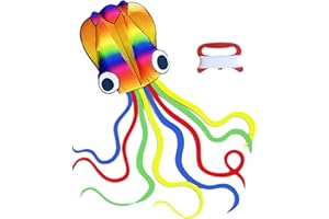 VIKSAUN Grand cerf-volant arc-en-ciel en forme de pieuvre pour enfants et audlts avec longue queue de 100 m - Cadeau idéal pour garçons et filles - Avec ficelle et poignée - Pour excursion à la plage