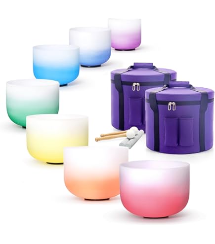 KVKA Crystal Singing Bowls, 7pcs 6-12 inch 440Hz Chakra Frosted Quartz