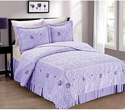 BNF HOME Faux Fur Ribbon Embroidered 3 PCs Microfiber Bedspread/Quilt Set (Lilac/King)