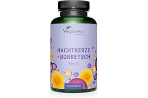 ‎VEGAVERO Bio Nachtkerzenöl Kapseln | mit Borretschöl kaltgepresst | Premium: Rohstoffe | Keine Gelatine | 13,5% GLA (Omega 6) | Laborgeprüft | Deutsche Produktion Vegavero