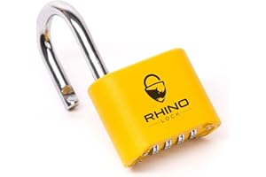 Rhino Lock Secure Lock - Yellow 4 Digit Combination Padlock for Gym Locker, School & Work Lockers; Coded and Suitable for Outdoor Use with Fences, Hasps, Sheds & Toolboxes (UK Brand)