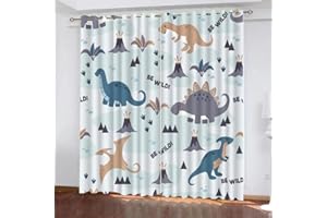 TSMMB Cartoon Dino Vorhang Kinderzimmer,Verdunkelungsvorhänge Mit Ösen 2Er Set,Gardinen Blickdicht Kurz Mit Muster,Vorhang Wohnzimmer Schlafzimmer Modern Blau,140X120Cm(HxB),A19