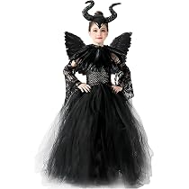 Costume Malefica Per Bambina – Vestito Regina Strega Con Corna, Ali E Mantello Nero