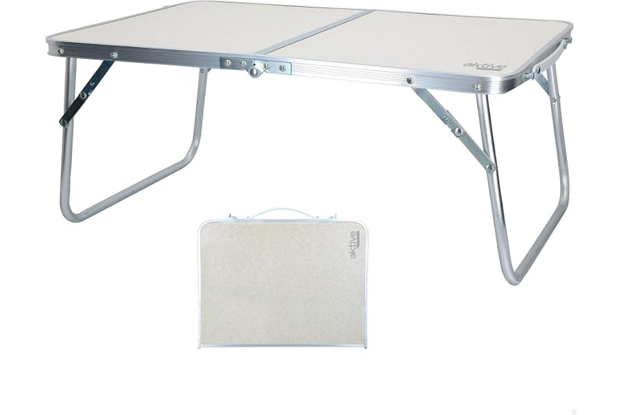 AKTIVE Mesa playa plegable, Mesa baja playa, 60x40x25 cm, color crema, estructura de metal, tablero de madera, mesa plegable 