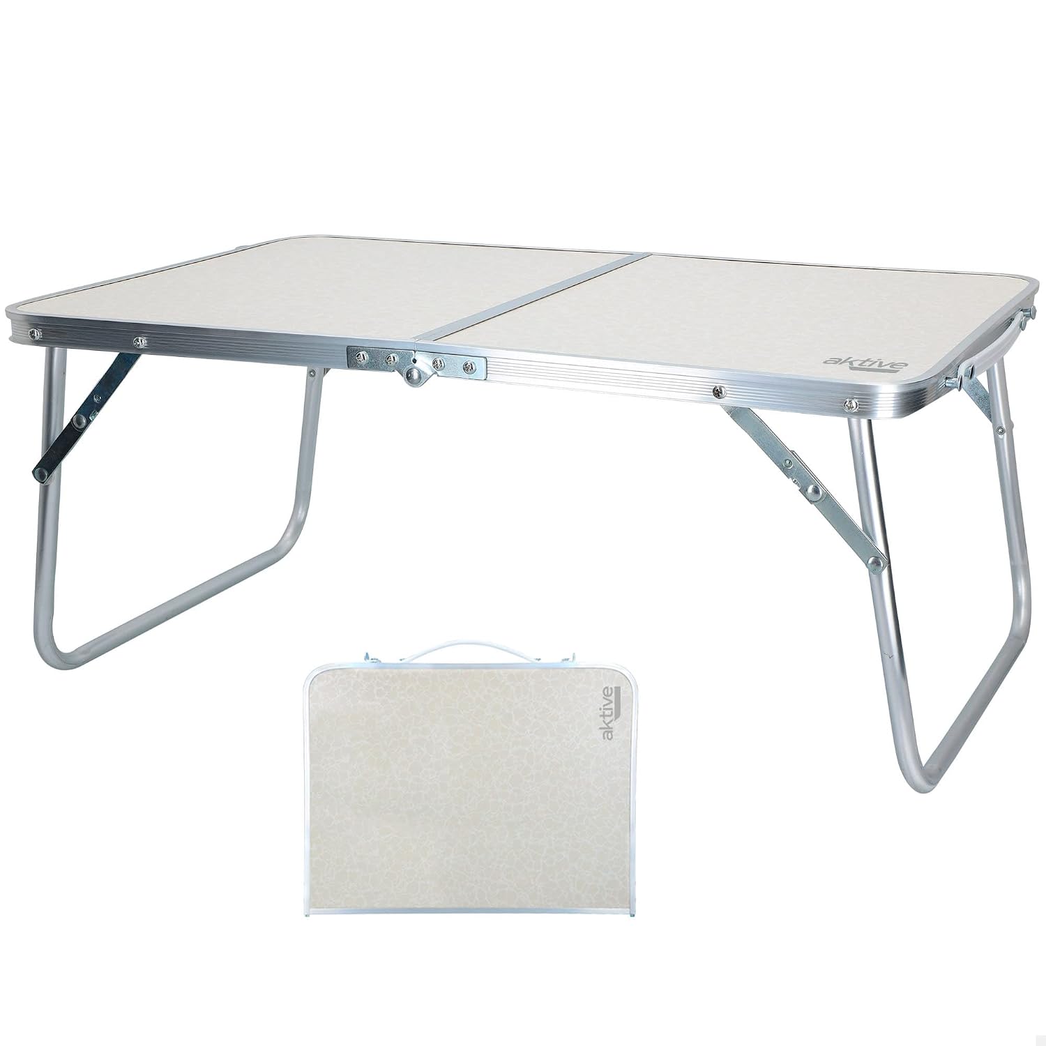 AKTIVE Mesa playa plegable, Mesa baja playa, 60x40x25 cm, color crema, estructura de metal, tablero de madera, mesa plegable camping pequeña, cierre de seguridad, Aktive Camping (52812)