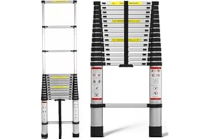 LUCN Teleskopleiter, 4,4 m, Metall, leicht, mit rutschfesten Füßen, zusammenklappbare Leiter, Mehrzweckleiter, 150 kg Kapazität