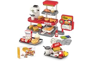 YOLIYOGO Pretend Play Fast Food Store TOY with Realistic Coffee Machine Card Reader Food Shop Playset with Simulate Hamburger Chips Sandwich etc Play Money Checkout Game for Kids