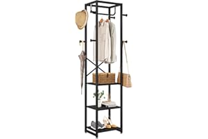IBUYKE Wieszak na ubrania, wolnostojący stojak na ubrania z 3 półkami i 8 haczykami, przemysłowy stojak na ubrania, do przedpokoju, sypialni, 180 x 40 x 30 cm, czarny TMJ088B