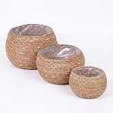 Deconox 3'l&uuml; Yuvarlak Sığ Tombul Hasır Saksılık Seti, Doğal G&ouml;r&uuml;n&uuml;ml&uuml; İ&ccedil; Koruma Poşetli Dekoratif Saksı, B&uuml;y&uuml;k 21x16 cm Orta 