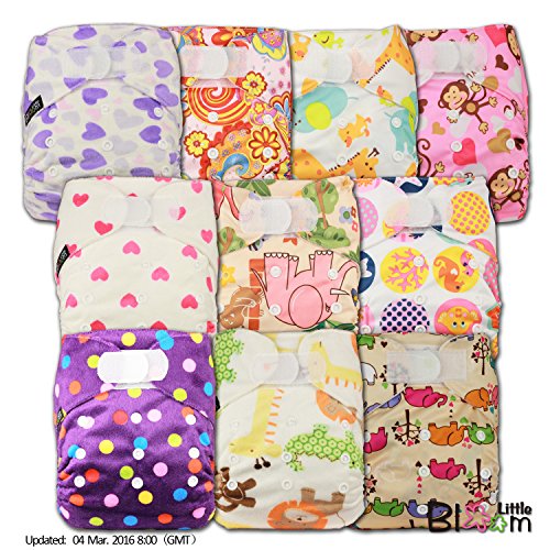LittleBloom, Reusable Pocket Cloth Nappy, Fastener: Velcro, Set of 10, Patterns 1010, With 10 Bamboo Inserts, (see "Special Offers and Product Promotions" for Special Offers Detail)
