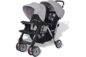 Tidyard Passeggino Gemellare a Tandem Pieghevole Rosso/Blu/Grigio e Nero in Acciaio - Carrozzina Doppia Con Carico Massimo 2x15 kg