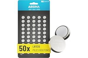 ABSINA 50x Pile LR1130 AG10 LR54-1,5V Alcaline étanche & Longue durée - V10GA / RW49 / G10A / 189 / GP189 / L1130 / 89A - Pile LR54 Pile Bouton, Pile L1131C, Pile L1131, Piles LR54, Piles AG10