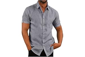AEGJEGVD Linen Shirts Men Short Sleeve Button Down Casual Shirts Summer Hawaiian Lapel Blouses Cotton Linen Shirt Regular Fit Holiday Beach Shirt Solid Henley Shirt with Pocket UK Size 8-22 Clearance