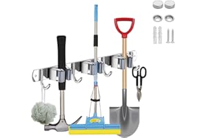 Mokife Colgador Escobas y Fregonas Pared, Soporte Escobas Adhesivo Acero Inoxidable Sujeta Escobas Pared Atornillar Organizador Estante con 3 Posiciones y 4 Ganchos